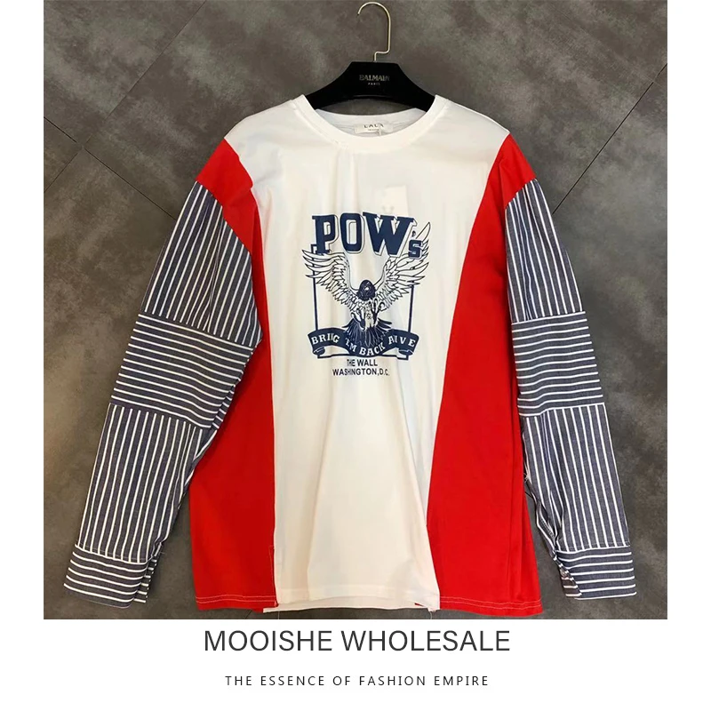 

2019 Autumn New Round Neck Stitching Striped Long-sleeved Letter Eagle Trend Small Shirt Female