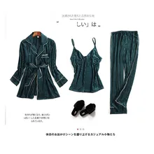 Gold Velvet 3 Pieces Home Gown Set Robe For Women Winter Long-sleeve Female Sleepwear Homewear Nightwear