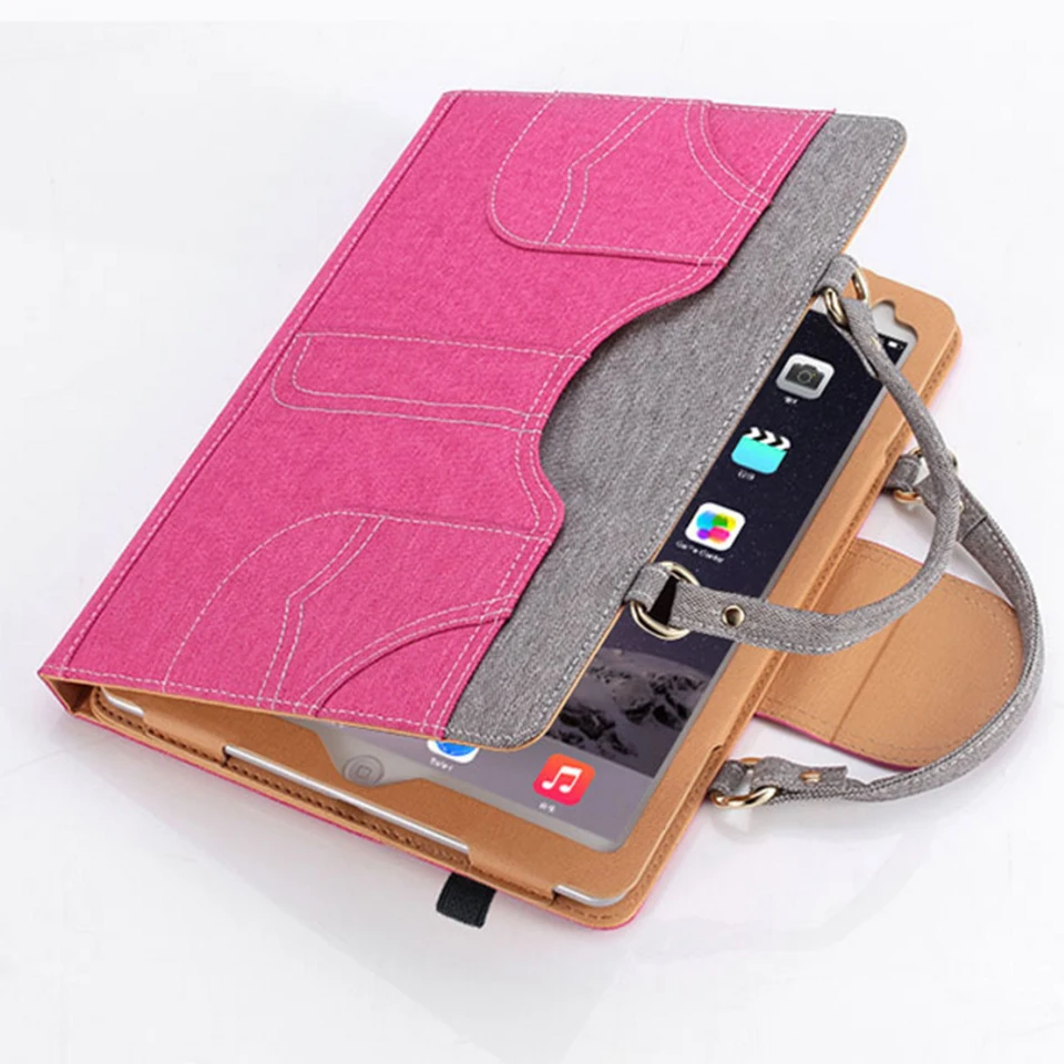 For Ipad 234 Portable Handbag Leather Case Denim Clamshell Multi-Angle Support Mini Smart Flip Case