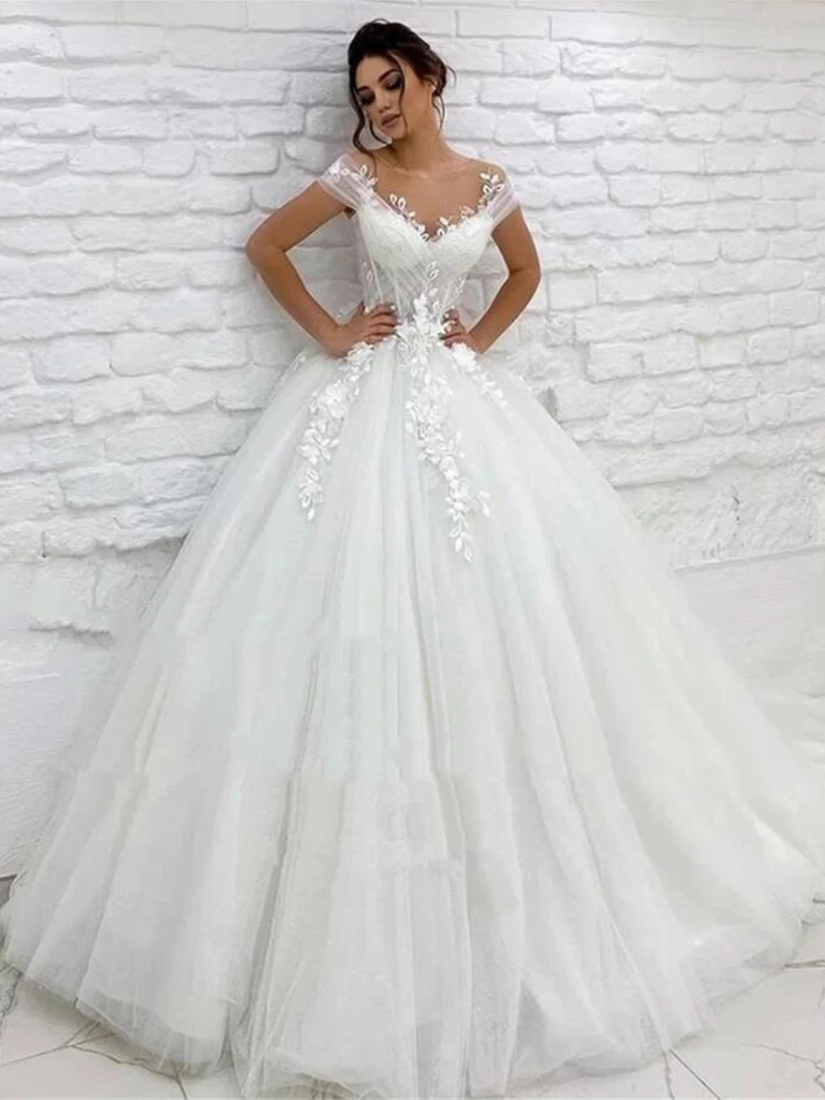 Tulle Princess Wedding Dress 2022 Sheer Neck Cap Sleeves Lace Applique Bridal Dress Sweep Train Vestido De Noiva bridal shower dress