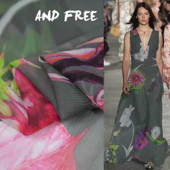 

Floral print pure silk fabric silk crinkle georgette gauze silk fabric very soft,SCG614