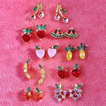 

Flatfoosie Fashion Cute Fruit Crystal Stud Earrings for Women Multicolor Cherry Strawberry Small Earrings Korean Jewelry Gift