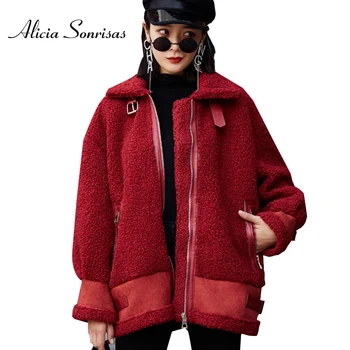 

DBYCool 2019 New Winter Sheepskin Coat Women Short Lamb Fur Cotton Coat Thick Motorcycle Jacket Loose Parkas Female Jacket 34154