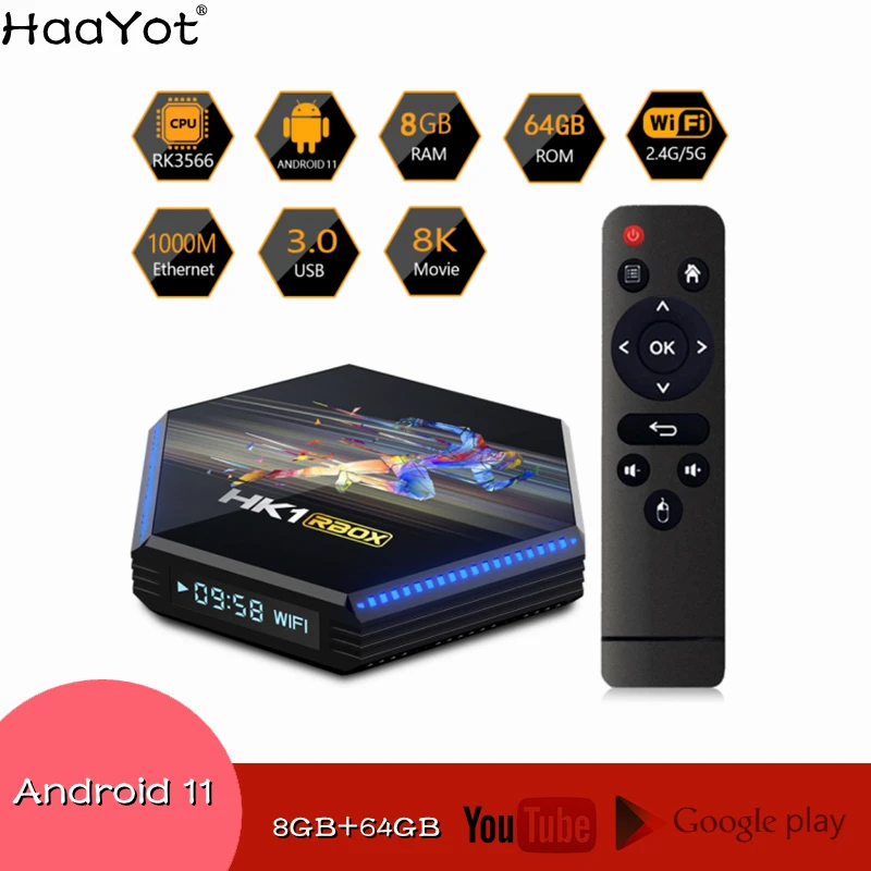 HK1 RBOX Android 11 Смарт ТВ коробка RK3566 8K USB3.0 2 4 и 5G двухъядерный процессор Wi-Fi BT4.1 8 Гб