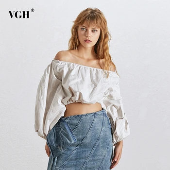 

VGH Sexy Backless Women Shirt Slash Neck Lantern Three Quarter Sleeve Slim Short Blouses For Female Fashion 2020 Spring Clothing