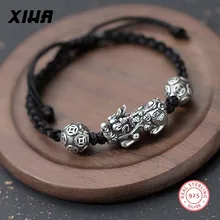 Lucky Регулируемый красный/черный браслет с нитью из стерлингового серебра 999 пробы, плетеный браслет из бусин, большой браслет PIXIU Brave для женщин и мужчин