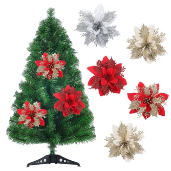 

5/10pcs Glitter Artifical Christmas Flowers For Christmas Tree Decoration Fake Flowers Xmas Ornaments