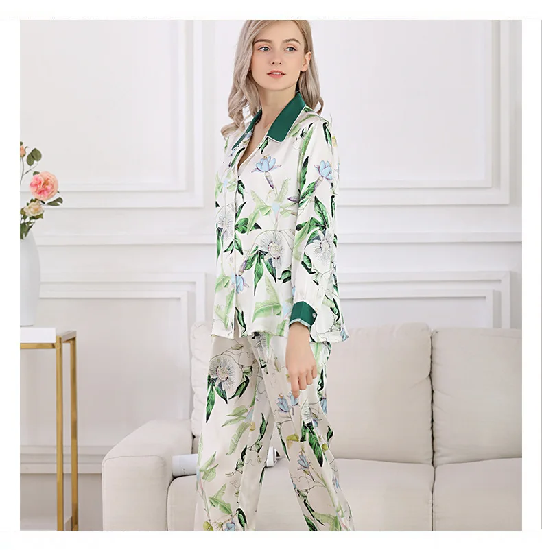 Свежий сладкий зеленый 100% натуральный шелк женские пижамы элегантные с длинными рукавами благородный чистый шелк женские пижамы T8214