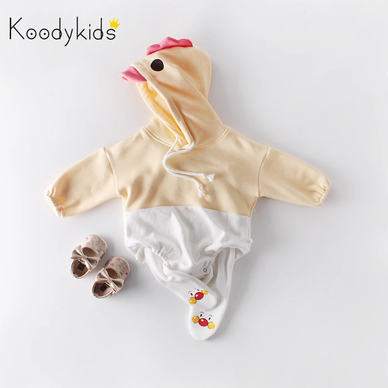 Koodykids/Зимние Боди для маленьких девочек; бархатные теплые комбинезоны с капюшоном для маленьких мальчиков; модные зимние комбинезоны с изображением маленькой курицы для детей от 0 до 2 лет