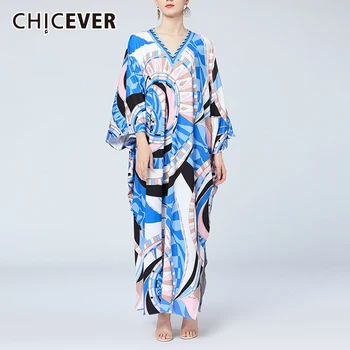 

CHICEVER Print Dress For Women V Neck Batwing Three Quarter Sleeve Hit Color Plus Size Loose Blue Dresses Female 2020 New Style