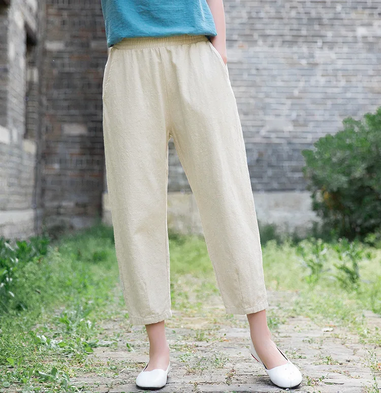 Johnature Loose Comfortable Solid Color Pockets Elastic Waist All-match Calf-length Pants 2020 Autumn New Women Straight Pants