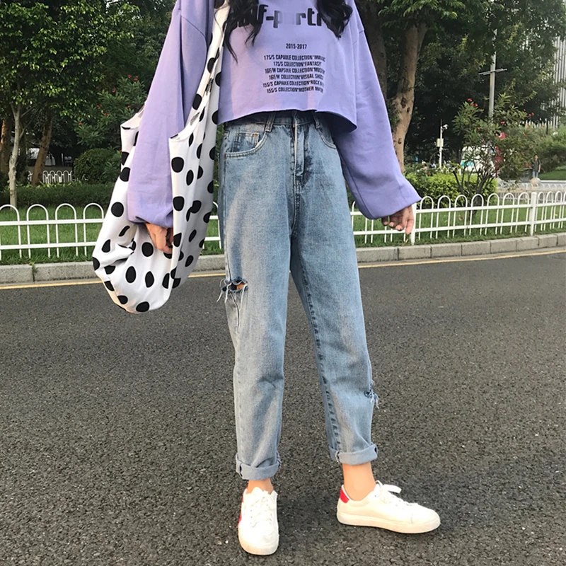 Джинсы женские свободные Harajuku отверстие прямые студенческие простые корейские стиль Универсальные карманы деним Длинные молнии женские брюки шик BF