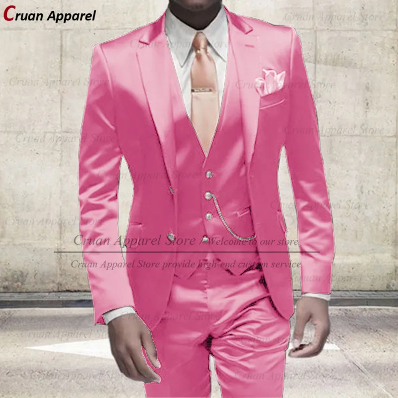 2022 Luxury Shiny Pink Suit Men 3Pcs Slim Fit Prom Party Wedding Groomsmen Groom Suit Tuxedo Fashion Gold Blazer Vest Pants Set