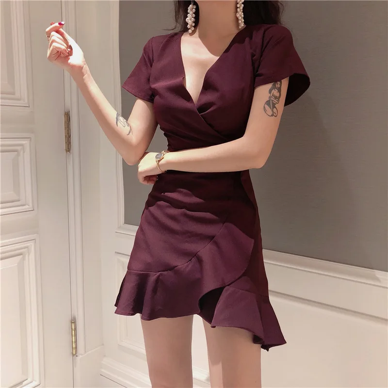 

2019 Spring New Style Korean-style Solid Color Elegant V-neck Waist Hugging Slimming Irregular Flounced Dress WOMEN'S Short Slee