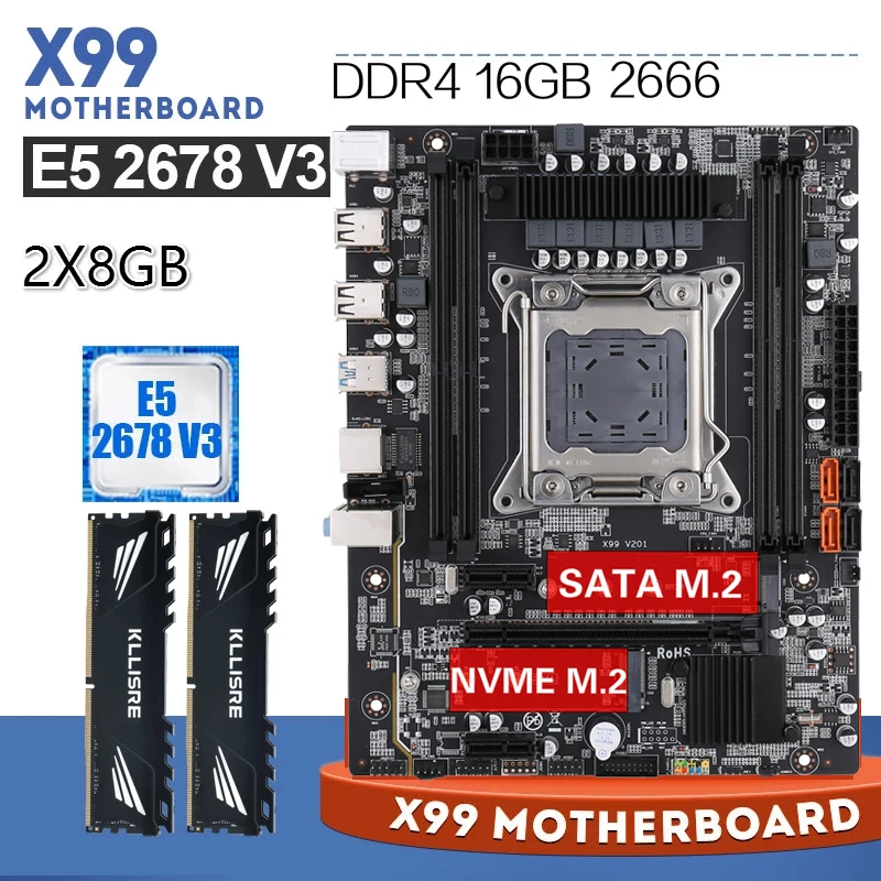 Kllisre X99 комплект материнской платы Xeon E5 2678 V3 LGA 2011 3 ЦП 2 шт. X 8 ГБ = 16 Гб 2666 МГц DDR4