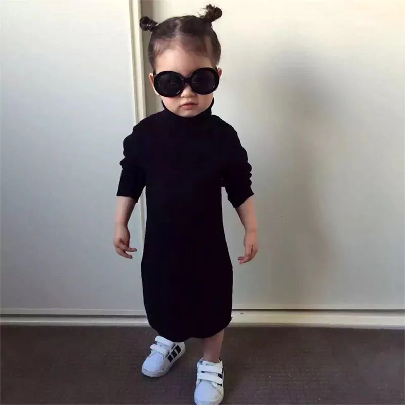 INS/ осенне-зимнее платье для девочек детские теплые длинные черные платья вязаное шерстяное платье для детей