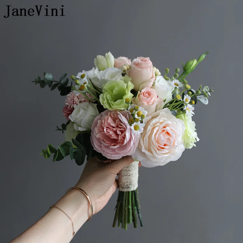 Janevini 2021 Romantic Bridal Bouquets Eucalyptus Silk Roses Artificial  Flowers Korean Pink White Wedding Bouquet Buque De Noiva - Wedding Bouquet  - AliExpress