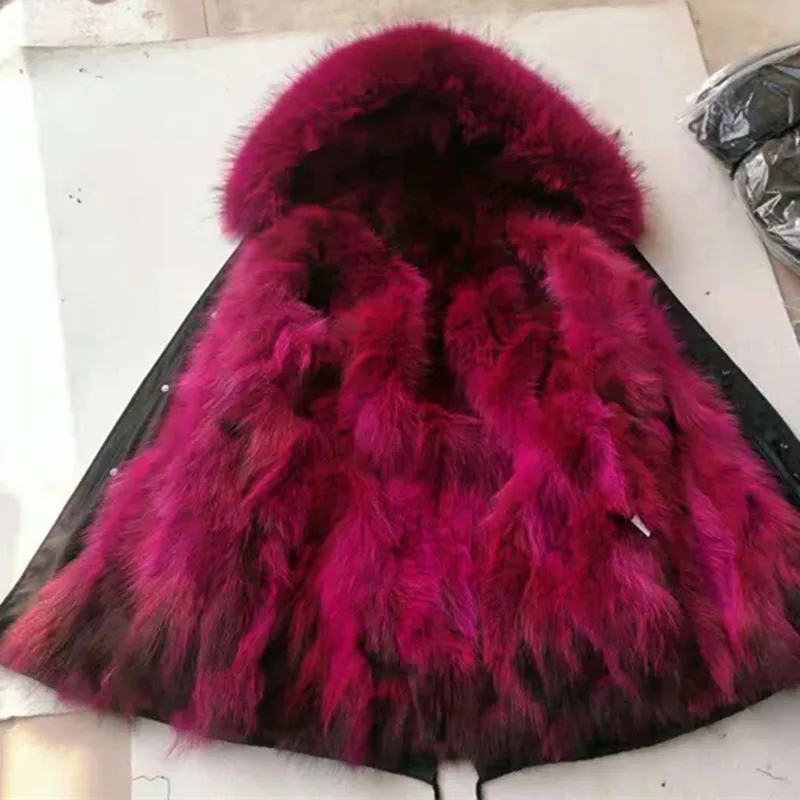 black with red fur Теплые парки с натуральным мехом, женская зимняя длинная парка из меха енота, съемная подкладка пальто из настоящего меха лисы, пальто с капюшоном, F09 - Цвет: black with red fur