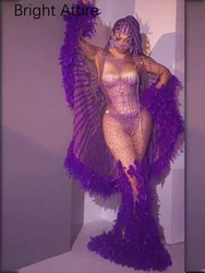 Women Model Singer Sexy Transparent Costume Purple Feather Crystal Mesh Floor-length Dress Cloak Outfit Bar Nightclub Stage Wear