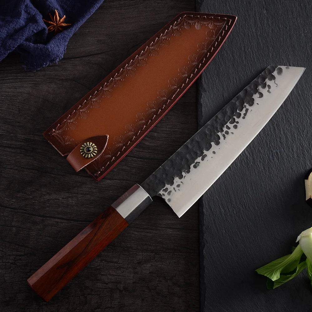 8 inch Kiritsuke Цин ручной работы кованый кухонный нож набор с кожаной оболочкой крышки молоток из нержавеющей стали поварской нож аксессуары для приготовления пищи инструмент - Цвет: 8 inch Kiritsuke