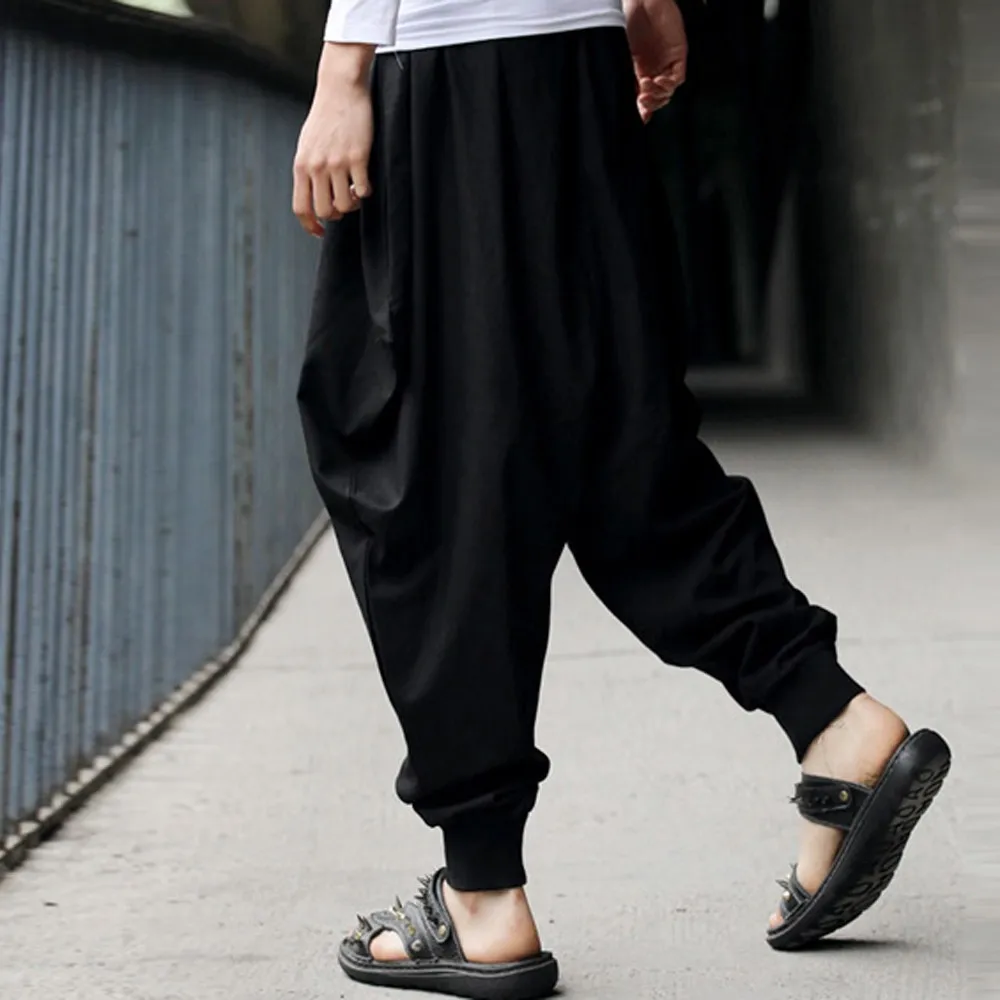 Men Harem Linen Pants Hakama Casual Wide Leg Japanese Trousers Cross-pants Crotch