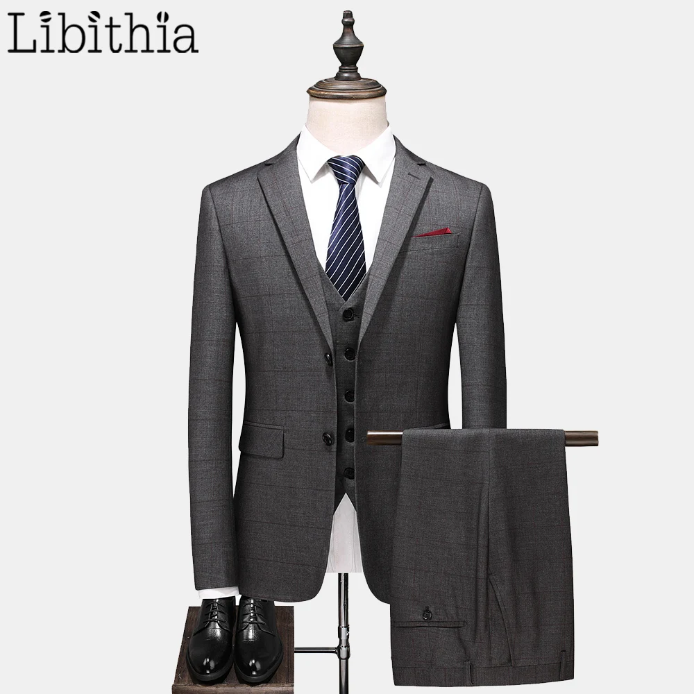 

Libithia Men's Formal Suits Wool Luxury Blazer Two Buttons Jackets Coats Vest Pant Autumn Three Pieces Grey A105