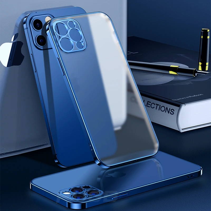 Luxury Plating Square Frame Matte Soft Silicone Case for iPhone 11 12 13 Pro Max Mini XR X XS 7 8 Plus SE 2020 Transparent Cover
