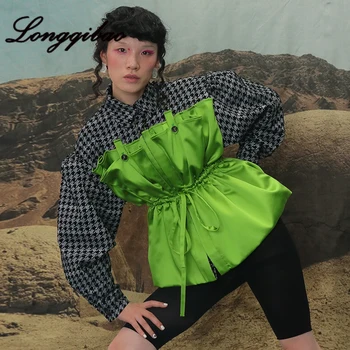 

Longqibao women's fashion stitching flocking houndstooth deconstruction fake two pieces of drawstring waist women jackets