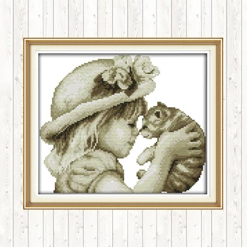 

Joy Sunday Counted Cross Stitch Kits for Embroidery Kit Lovely Girl and Cat Painting DMC DIY Aida Printed Canvas for Needlework