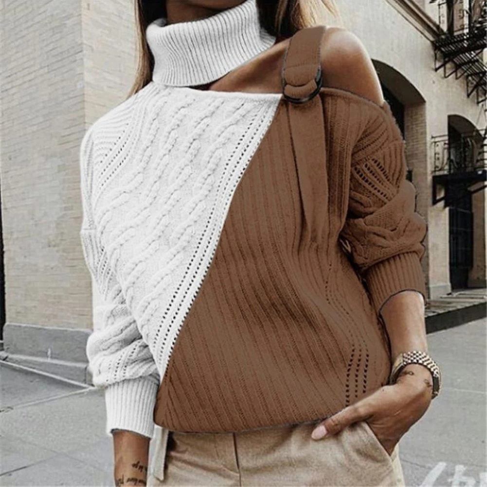 Autumn Winter Women Sweaters Color Block Turtle Neck Adjustable Strap One Shoulder Knitted Sweater Pullover Streetwear | Женская одежда