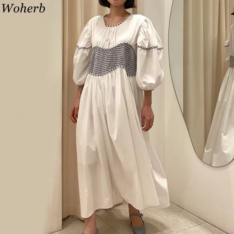

Casual Dresses Woherb Woman Dress Korean Chic Vintage Lazy Patchwork Plaid 2021Summer Design Loose Puff Sleeve Long Vestidos