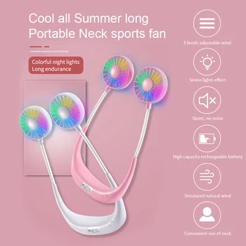 

Mini Neck Fan with Multi-color LED Light Eeffect 3 Adjustable Wind Speed USB Charging Flexible Rotatable Sport Cooling Fan
