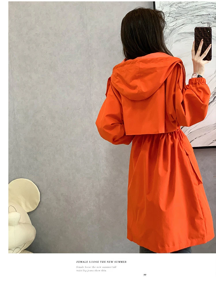 New 2021 Spring Autumn Long Trench Coat Women Loose Hooded Overcoat Female Adjustable Waist Outerwear Korean Fashion Windbreaker puffer coat with fur hood