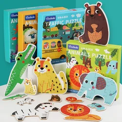 Novo quebra cabeça para crianças de madeira do bebê cedo brinquedos educativos desenhos animados animais tráfego quebra cabeças de madeira dos seis em um brinquedos
