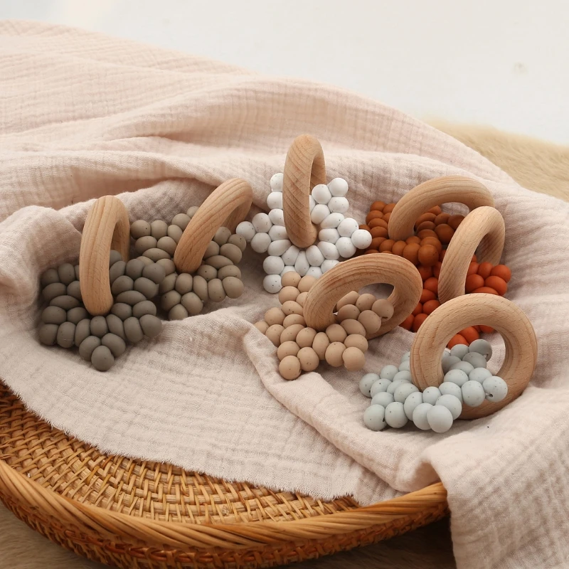 Food Grade Silicone Beads Baby Teether Beech Wood Ring Teething Newborn Bracelet Play Gym Montessori Baby Toys