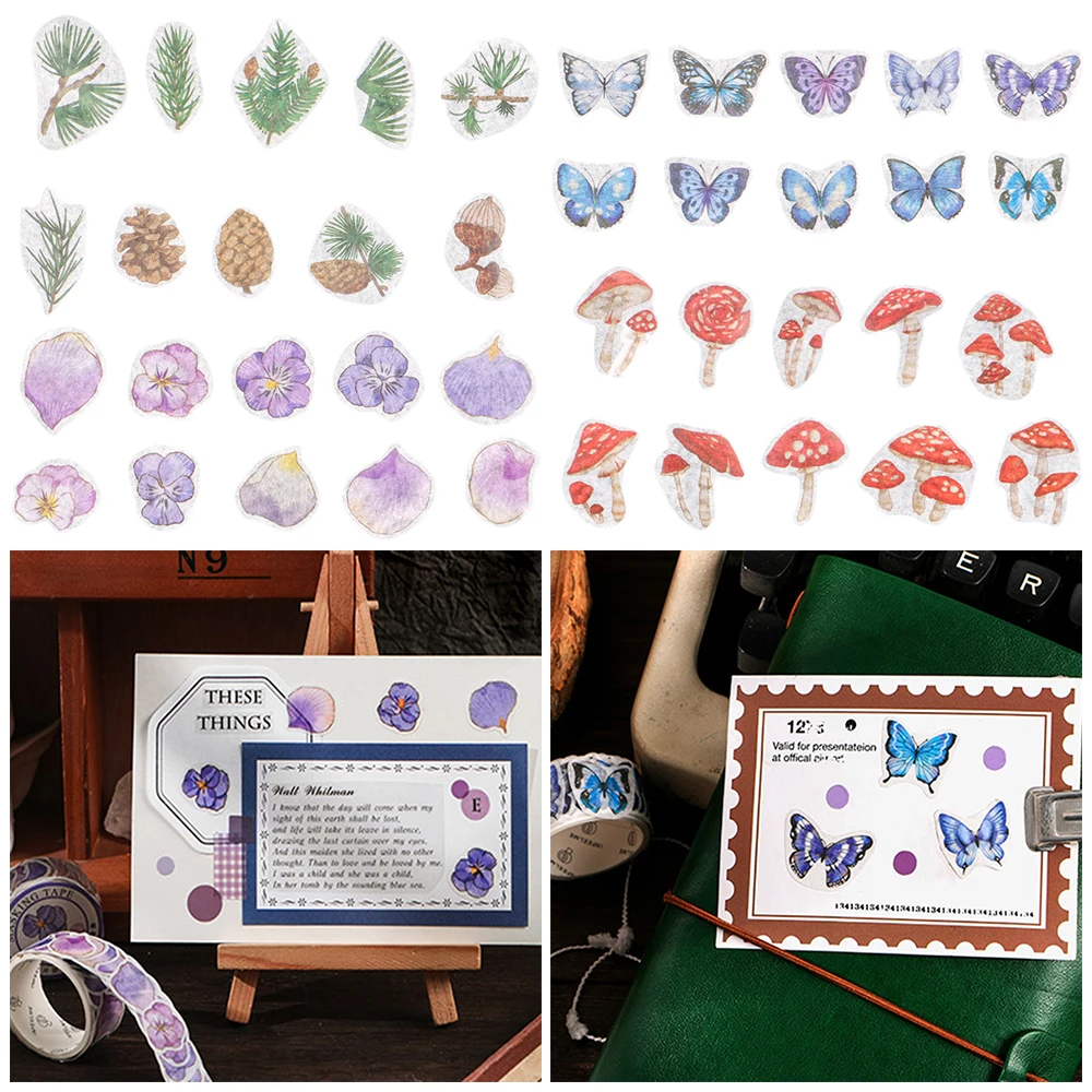 Cinta adhesiva decorativa con forma de flor y mariposa, 100 Uds., para manualidades, álbum de recortes, diario, artículos de papelería con etiquetas
