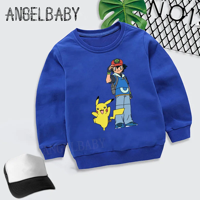 Boys Girls Sweatshirt Kids Pokemon Go Ash and Pikachu Cartoon Hoodies Children Autumn Tops Baby Cotton Clothes,KYT2171 - Цвет: 2171D-Blue