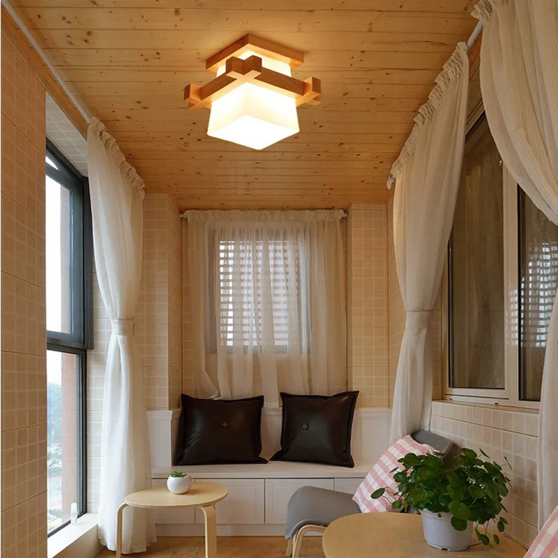 Японский теплый домашний домик татами деревянный потолочный светильник светодиодный со стеклянным абажуром коридор балконт E27 современный потолочный светильник