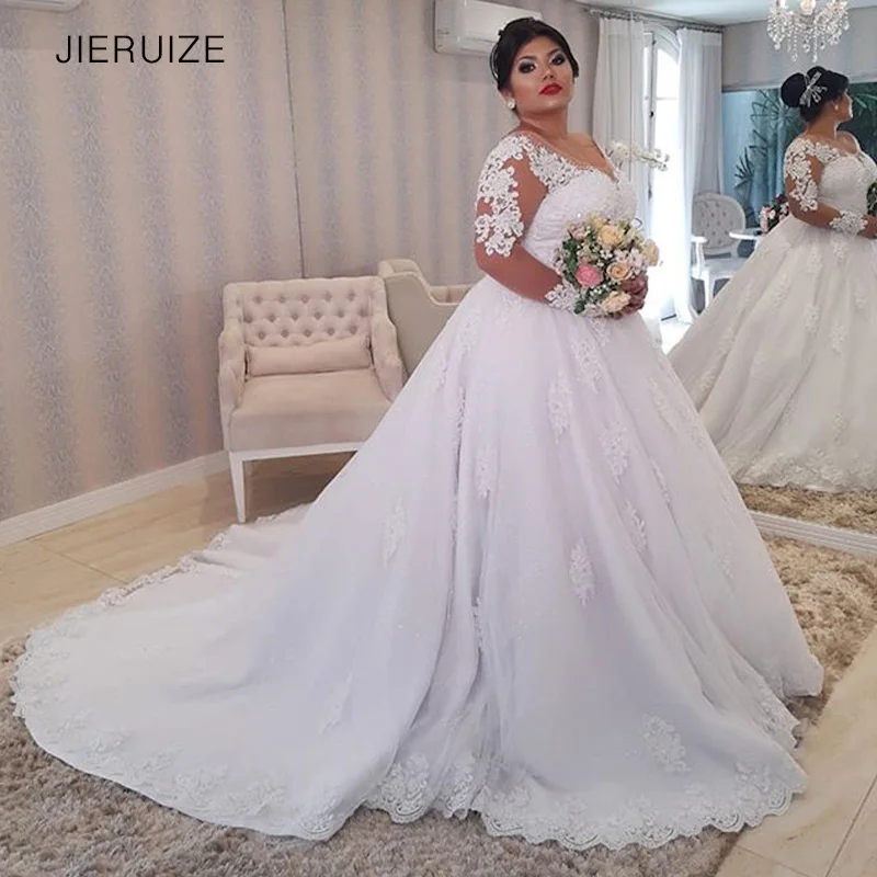 JIERUIZE Wit Kant Applicaties Plus size Trouwjurken Lange Mouwen Lace Up Back Bruidsjurken Bruid Jurken robe de mariee JIERUIZE Wit Kant Applicaties Plus size Trouwjurken Lange Mouwen Lace Up Back Bruidsjurken Bruid Jurken robe de mariee