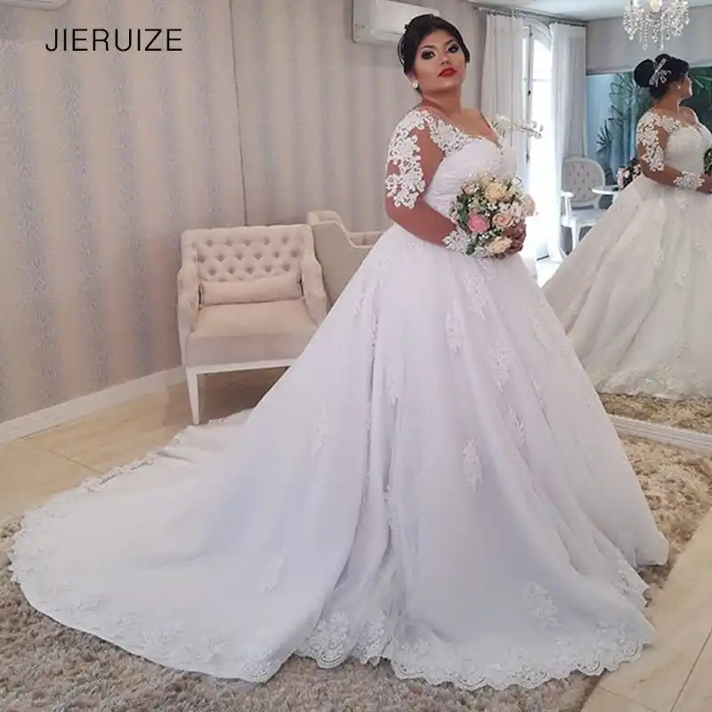 Jieruize Apliques De Encaje De Talla Grande Blanco Vestidos De Novia De Manga Larga Con Cordones En La Espalda Vestidos De Novia Vestidos De Novia Aliexpress