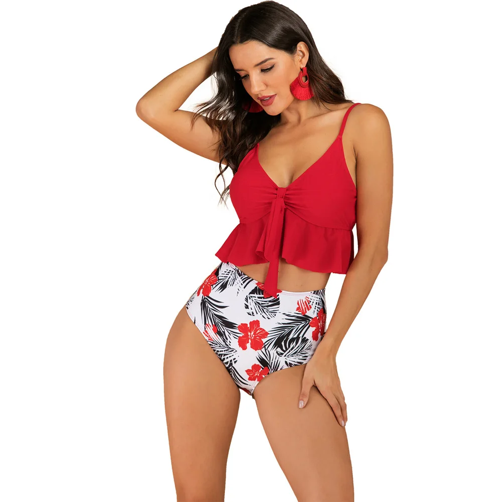 

Womens Leaf Swimsuit Bikini Separated Swimwear Tops+High Waist Briefs 2pcs Set