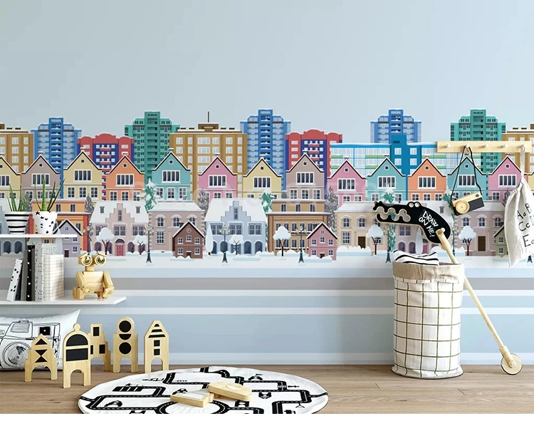 Пользовательские фото мультфильм картина город здание дом Детская спальня фон для детского сада Настенный декор Большие Настенные обои