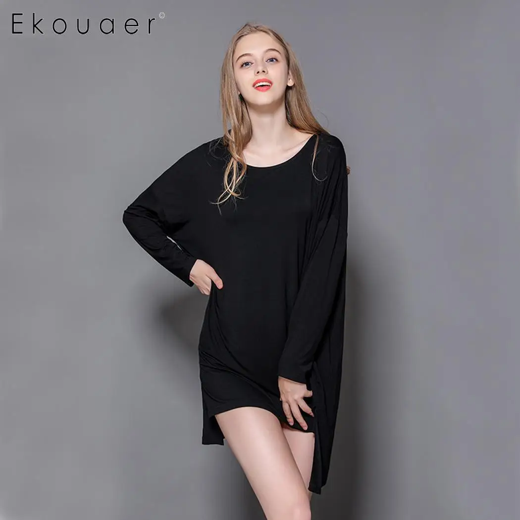 Ekouaer/женское мягкое Ночное платье с длинными рукавами, одежда для сна, свободная Однотонная ночная рубашка, осенне-зимняя ночная рубашка, женские пижамы