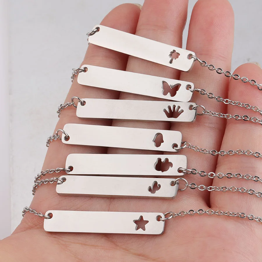 

Fnixtar Gold Color Stainless Steel Blank Bar Necklace Hollow Star Crown Cactus Hand Butterfly Elephant Necklace 45cm 10piece/lot