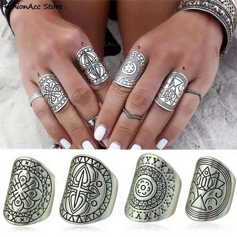 Unique Carving Tibetan New Plated Bohemia Ring Set 4Pcs/set for Woman Punk Boho Vintage Jewelry ring set
