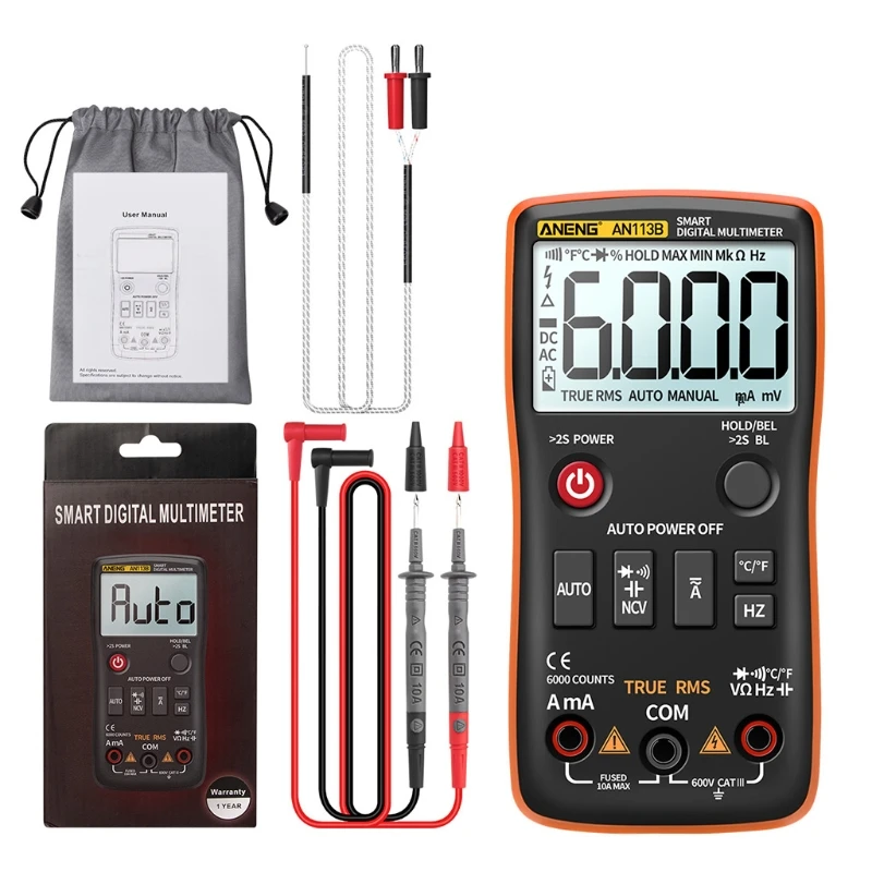 

Digital Multimeter True RMS w Temperature Tester 6000 Counts Auto-Ranging AC/DC