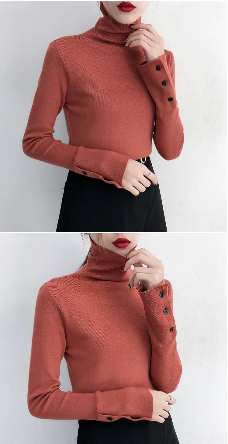 Кашемировый вязаный женский свитер пуловеры водолазка осень зима базовый с длинным рукавом свитера с пуговицами корейский стиль черные топы