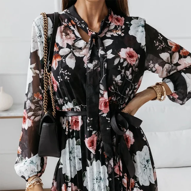 Capucines Boho Flowers Print Pleated Midi Chiffon Dress Autumn Bow Tie Long Sleeves Belt Elegant Fashion Dresses For Women 2021 5