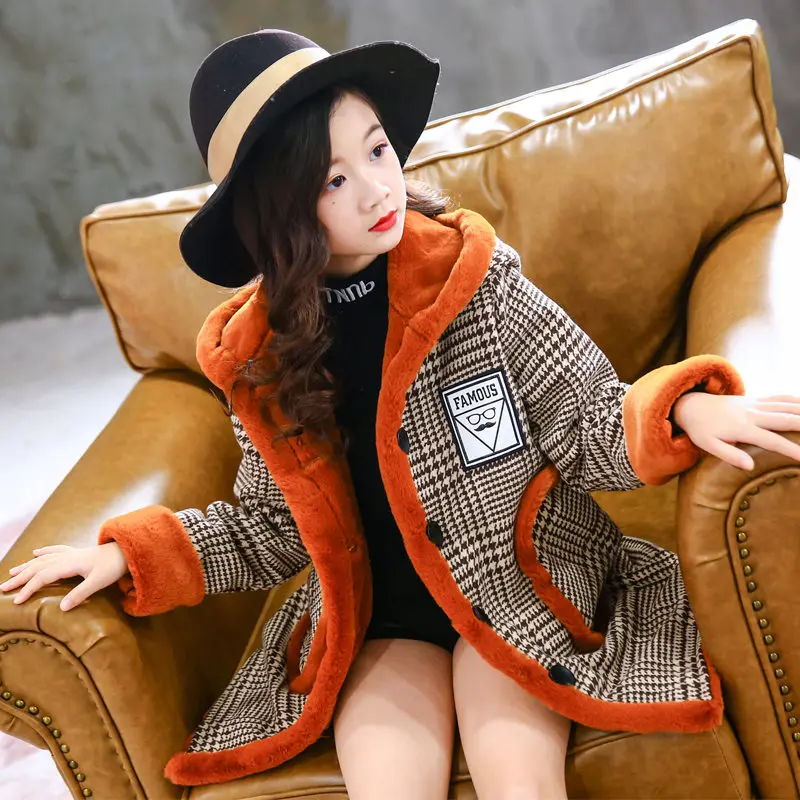 Высококачественное Модное теплое шерстяное пальто для девочек, зимняя куртка-парка с капюшоном, верхняя одежда, бархатное плотное хлопковое пальто - Цвет: Оранжевый