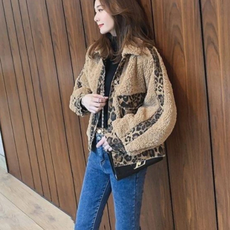 

Women Short Leopard Faux Woolen Coat Autumn Winter Jacket